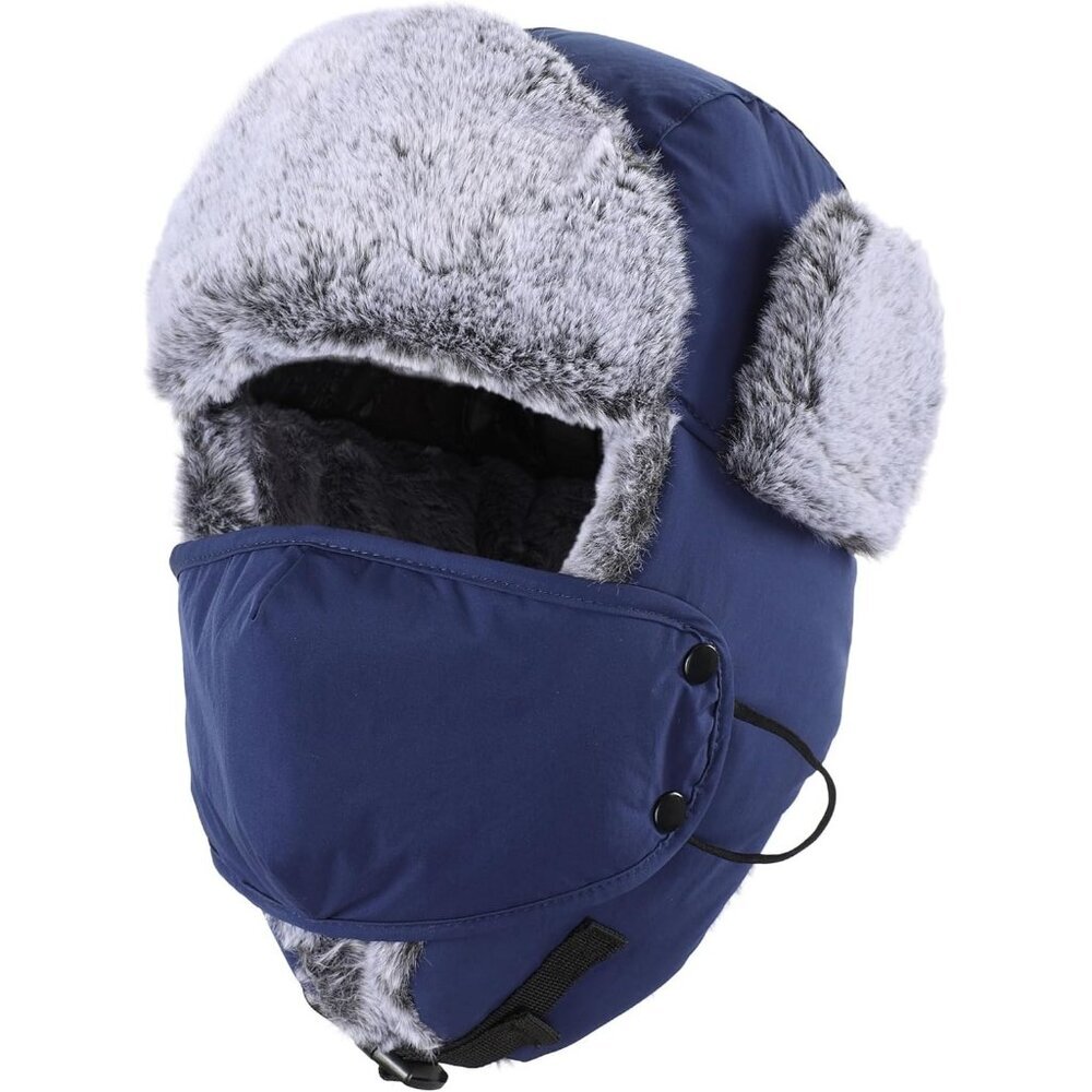 Men Navy Blue Faux Fur Trapper Hat with Face Mask Winter Trooper Hunting Hat